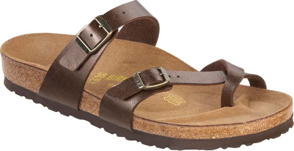 Brown leather sandal with two adjustable straps and a toe loop.