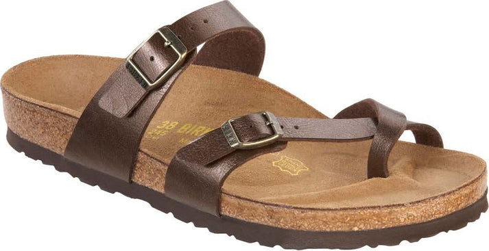Brown leather sandal with two adjustable straps and a toe loop.