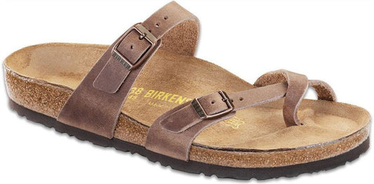 Brown sandal with adjustable straps and buckle.