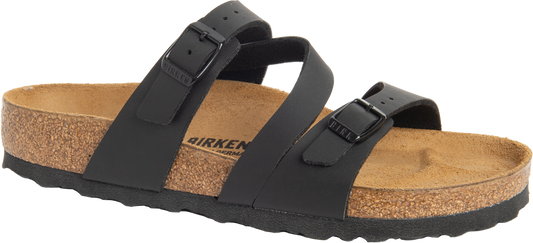 Black sandals with two straps and buckles.