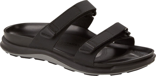 A black sandal with two adjustable straps.