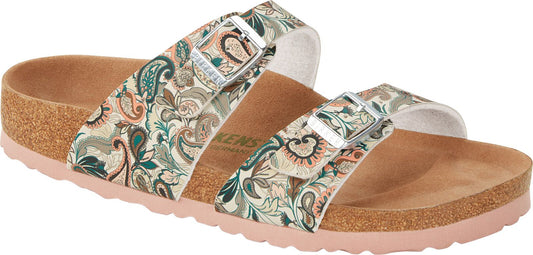 Sandals with floral paisley straps and adjustable silver buckles.