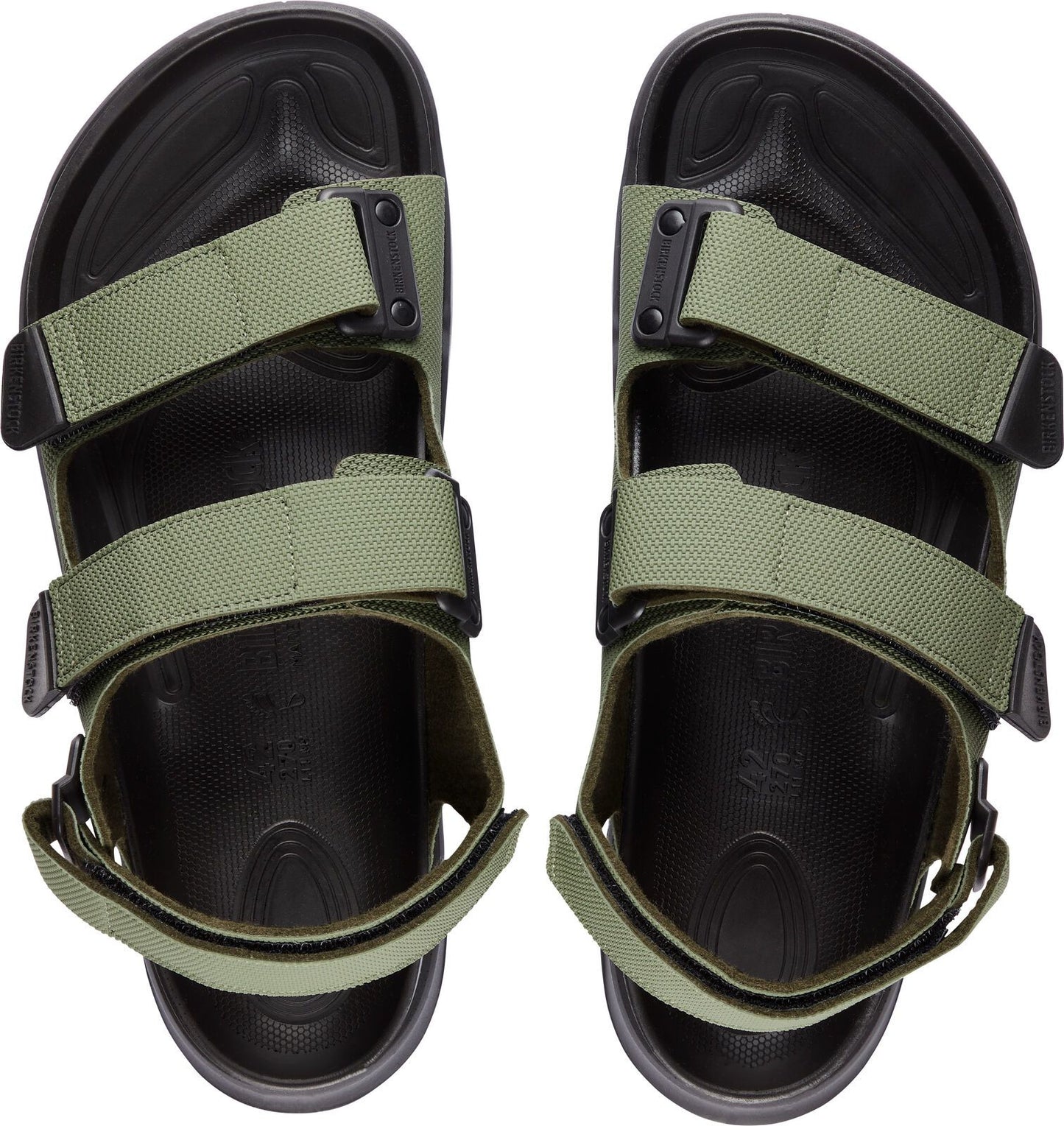Pair of olive green adjustable strap sandals with black soles, top view.