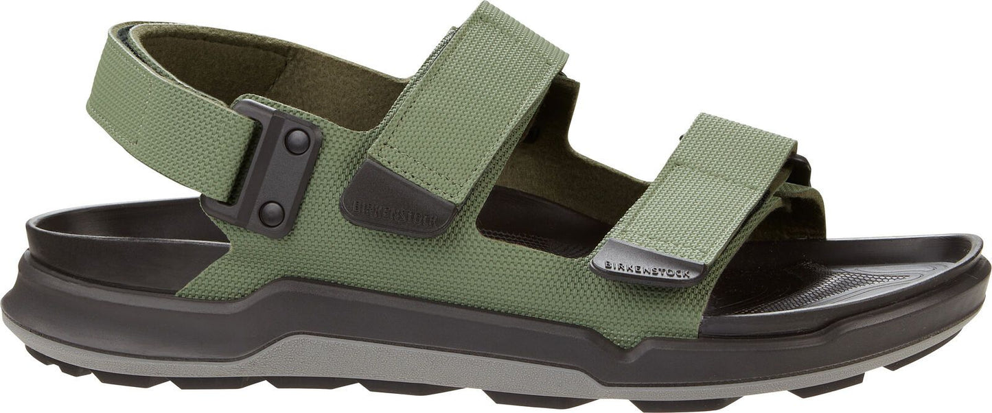 An olive green sandal with two velcro straps.