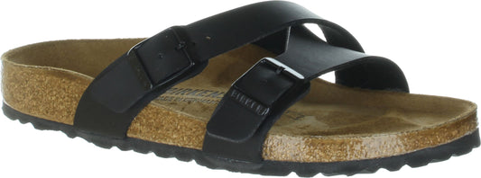 A black sandal with two adjustable straps and a cork sole.