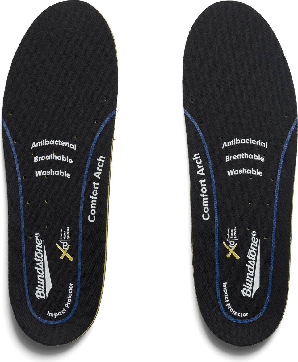 Pair of black insoles with comfort arch and antibacterial, breathable and washable features.