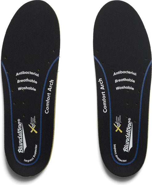 Pair of black insoles with comfort arch and antibacterial, breathable and washable features.