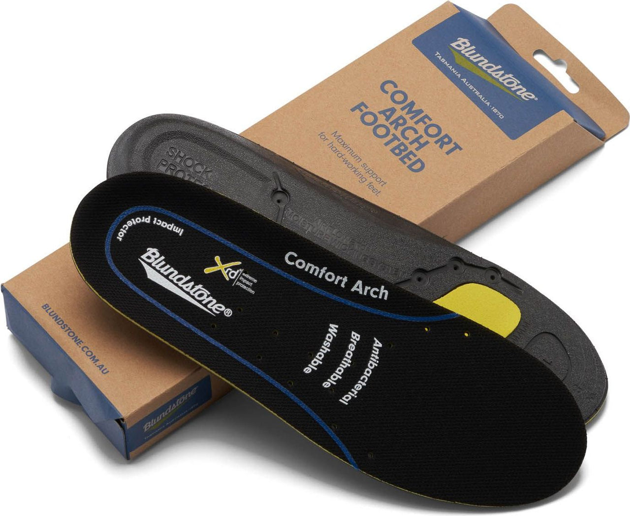 Comfort Arch footbed with impact protector, antibacterial, breathable, washable, and shock protection, plus product packaging with visible text.