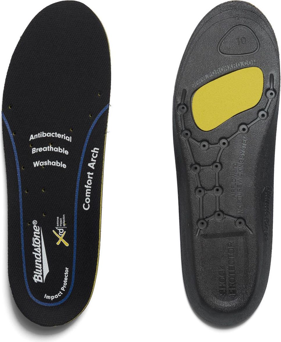 Orthopedic insoles; one showing the top surface with text "Antibacterial, Breathable, Washable, Comfort Arch, Blundstone, Impact Protector"; the other shows the bottom with yellow gel padding and "Shock Protector".