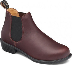 Maroon leather bootie with black elastic side panel and rubber heel.