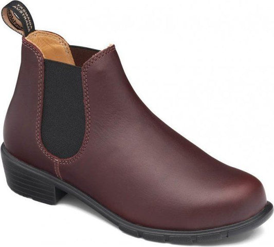 Maroon leather bootie with black elastic side panel and rubber heel.