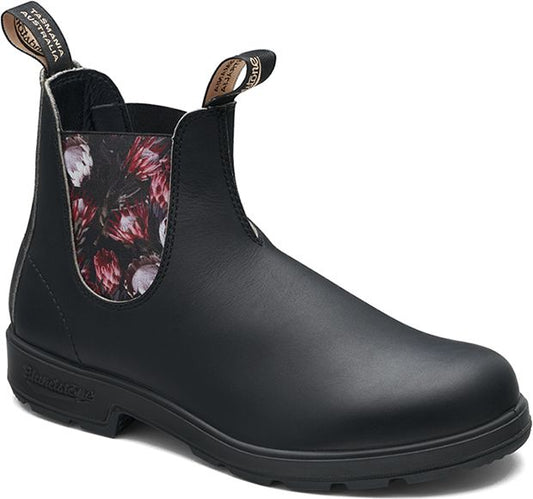 Black ankle boot with floral print inner lining.