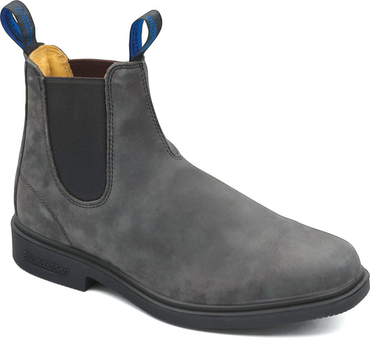 Gray leather Chelsea boot with black elastic side panels and blue pull tabs.