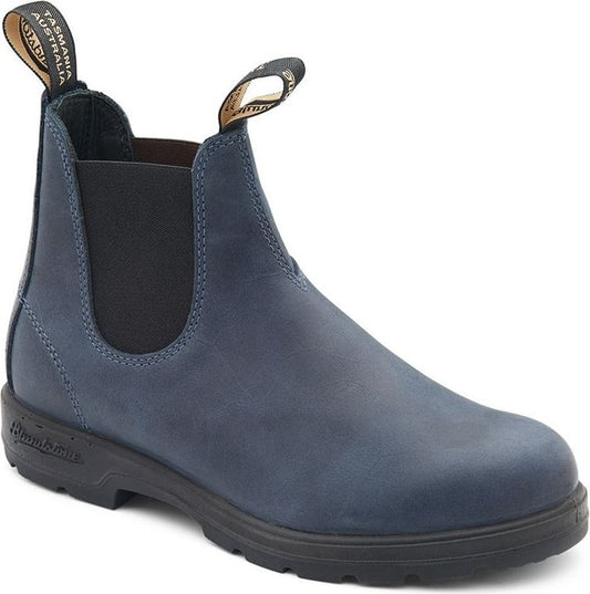 Blue leather Chelsea boot with black elastic side panels and pull tabs.