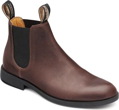Brown leather ankle boot with black elastic sides and a black sole.