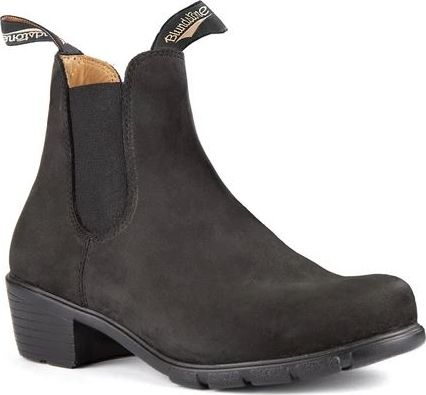 Black suede Chelsea boot with block heel and black elastic side panels.