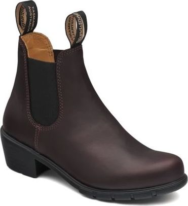 Chelsea boot in brown leather with a block heel and black elastic side panels and fabric pull tabs.