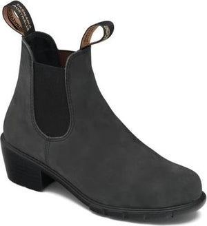 Black leather Chelsea boot with a block heel and dual pull tabs.