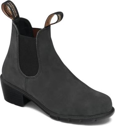 Black leather Chelsea boot with a block heel and dual pull tabs.