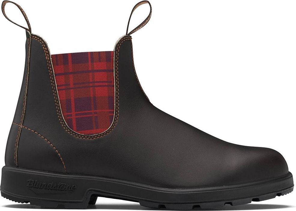 Side view of dark brown ankle boot with tartan elastic side panel and brown pull loops.