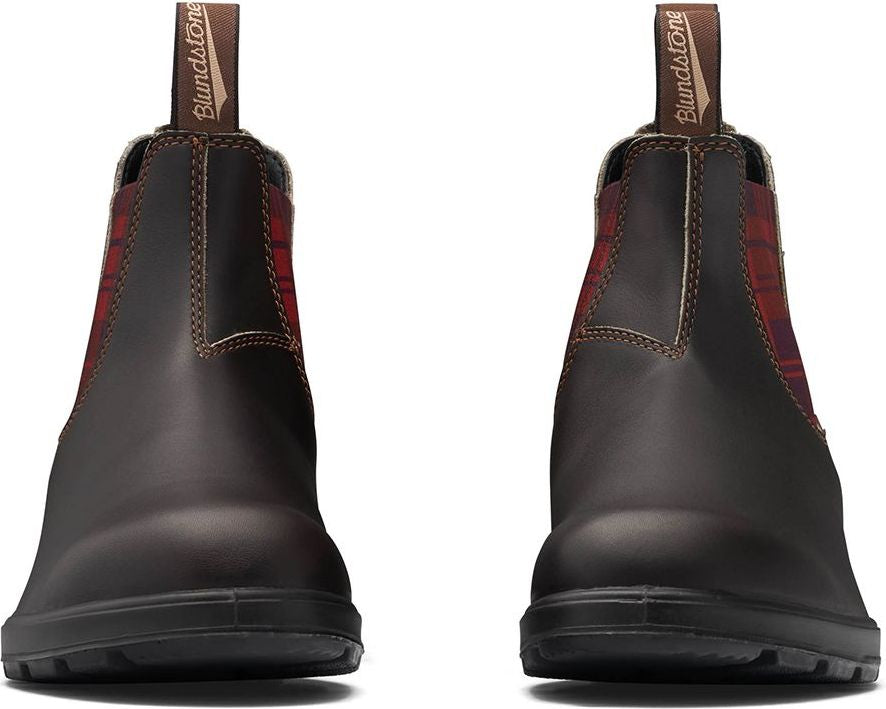 Front view of brown leather boots with red plaid elastic sides and pull tabs.
