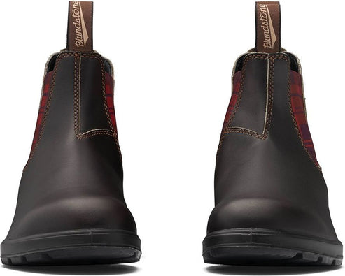 Front view of brown leather boots with red plaid elastic sides and pull tabs.