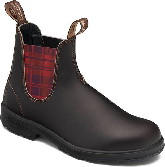 Dark brown Chelsea boot with tartan elastic gore.