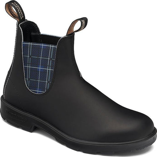 Black ankle boot with blue plaid detail around the ankle and pull tabs.
