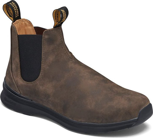 Brown ankle boot with black elastic side panels and sole.
