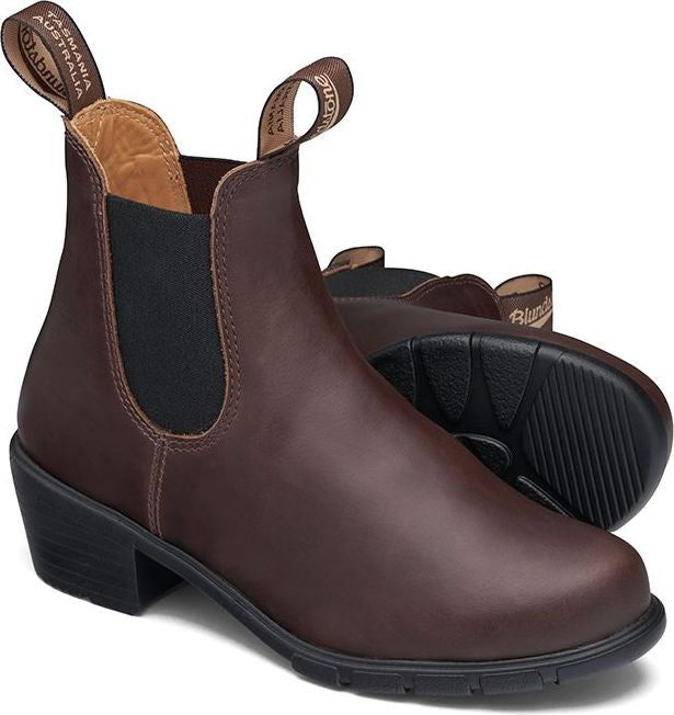 Chelsea-style brown leather boot with a stacked heel and elastic side panel.