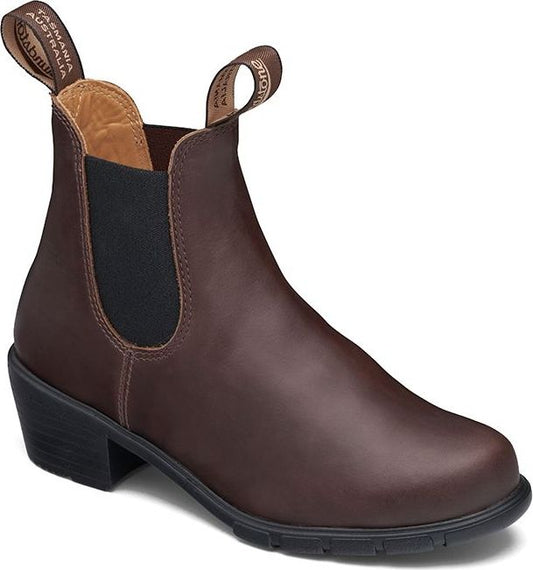 A dark brown leather heeled pull-on boot with elastic side panels and brown pull loops.