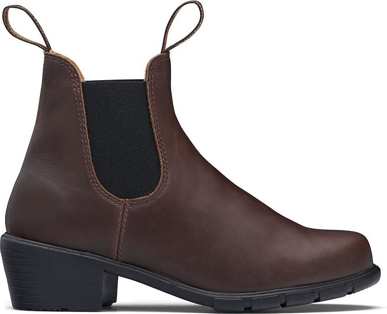 Brown leather heeled Chelsea boot with black elastic side panels and pull tabs.