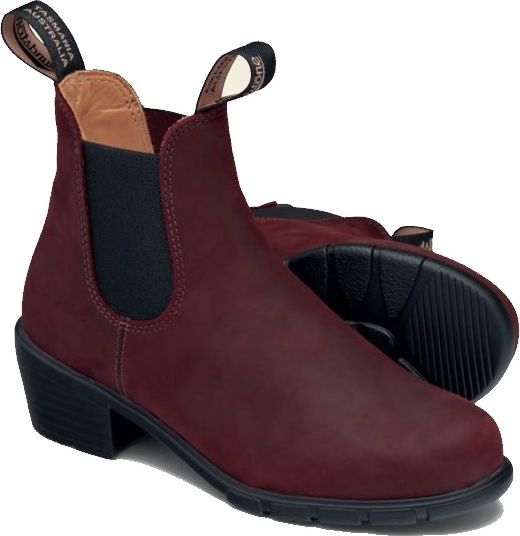 Burgundy leather heeled Chelsea boot with a black sole and elastic side panels.