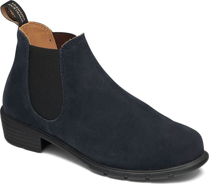 Navy blue suede ankle boot with a low block heel and black elastic side panels.