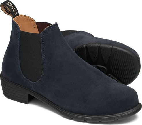 Navy suede Chelsea boot with black elastic sides and heel.