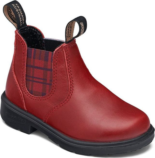 Red pull-on boot with black sole, plaid elastic side panels, and pull-tabs.