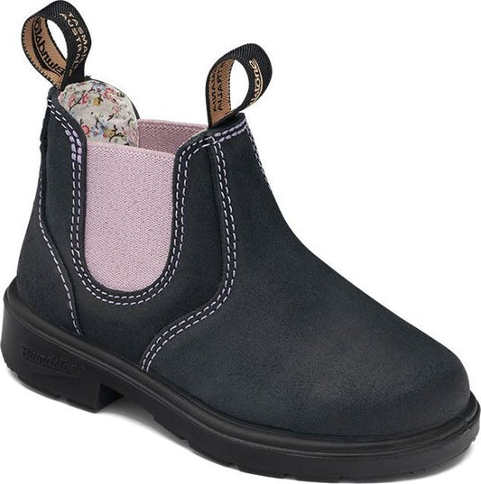 Chelsea style boot in black suede with light pink elastic side panels.