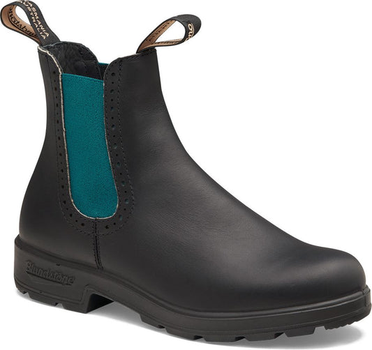 Black ankle-high Chelsea boot with teal elastic siding.
