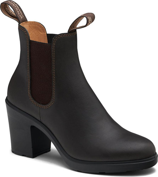 High heeled dark brown ankle boot with elastic side panels.