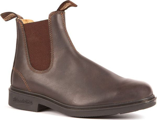 A brown, leather Chelsea boot with elastic side panels and a pull tab.