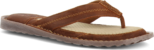 A brown leather sandal.