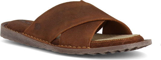Brown leather slide sandal with criss-cross straps.