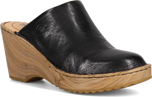Black leather clog with a wooden wedge heel.