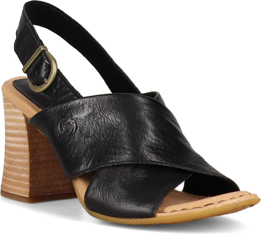 Black slingback sandal with a high, block heel and criss-cross straps.