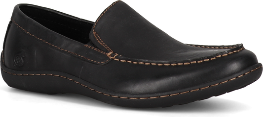 Black leather loafer with contrast stitching.