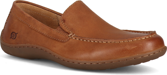 A tan leather loafer.