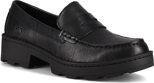 Black leather loafer with a rounded toe and a chunky sole.