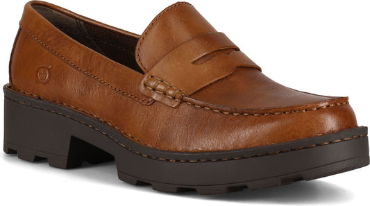 Brown leather penny loafer with lug sole and block heel.