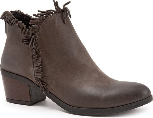 Dark brown ankle boot with fringe trim along the opening and side.