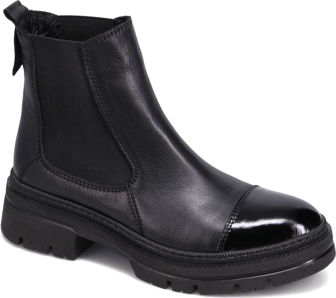 Black leather Chelsea boot with patent leather toe cap and elastic side panels.